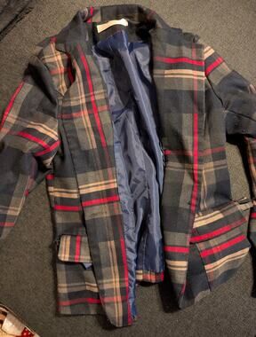 Blue Red Cream Plaid Coat Jacket Blazer Size Small